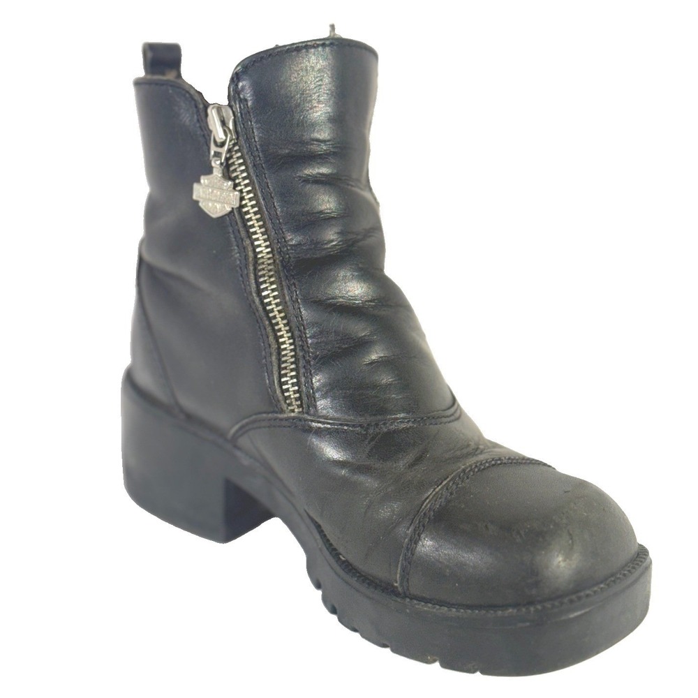 Harley-Davidson Womens Boots Leather Double-Zip Black Biker Chunky Heel Size 6